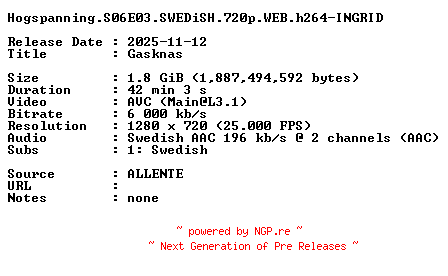 NFO for the release Hogspanning.S06E03.SWEDiSH.720p.WEB.h264-INGRID by INGRID