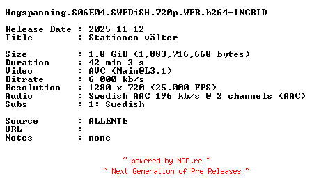 NFO for the release Hogspanning.S06E04.SWEDiSH.720p.WEB.h264-INGRID by INGRID