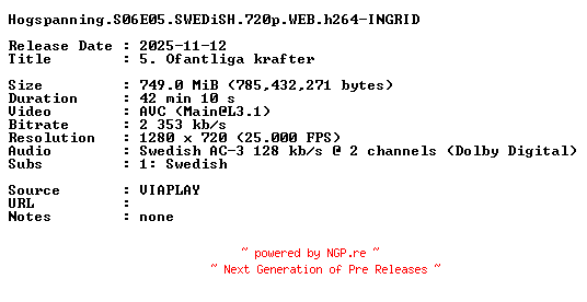 NFO for the release Hogspanning.S06E05.SWEDiSH.720p.WEB.h264-INGRID by INGRID