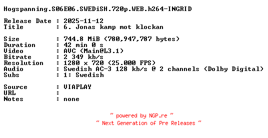 NFO for the release Hogspanning.S06E06.SWEDiSH.720p.WEB.h264-INGRID by INGRID