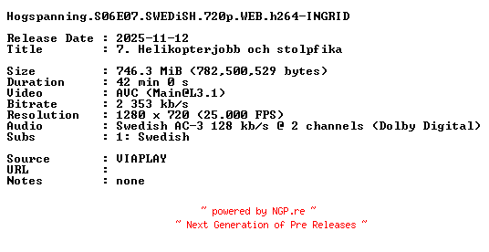 NFO for the release Hogspanning.S06E07.SWEDiSH.720p.WEB.h264-INGRID by INGRID