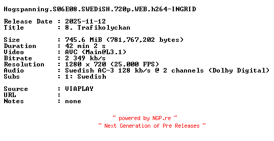 NFO for the release Hogspanning.S06E08.SWEDiSH.720p.WEB.h264-INGRID by INGRID