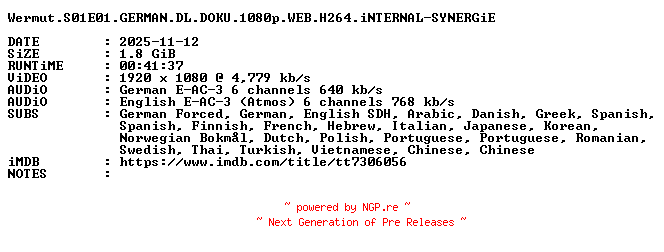 NFO for the release Wermut.S01E01.GERMAN.DL.DOKU.1080p.WEB.H264.iNTERNAL-SYNERGiE by SYNERGiE