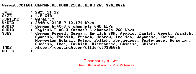 NFO for the release Wermut.S01E01.GERMAN.DL.DOKU.2160p.WEB.H265-SYNERGiE by SYNERGiE