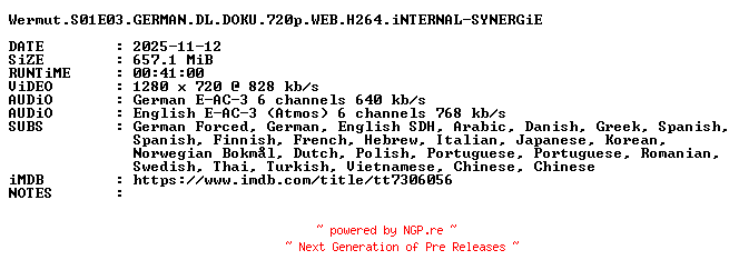 NFO for the release Wermut.S01E03.GERMAN.DL.DOKU.720p.WEB.H264.iNTERNAL-SYNERGiE by SYNERGiE