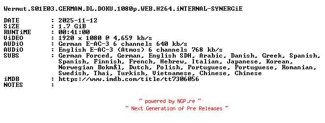 NFO for the release Wermut.S01E03.GERMAN.DL.DOKU.1080p.WEB.H264.iNTERNAL-SYNERGiE by SYNERGiE