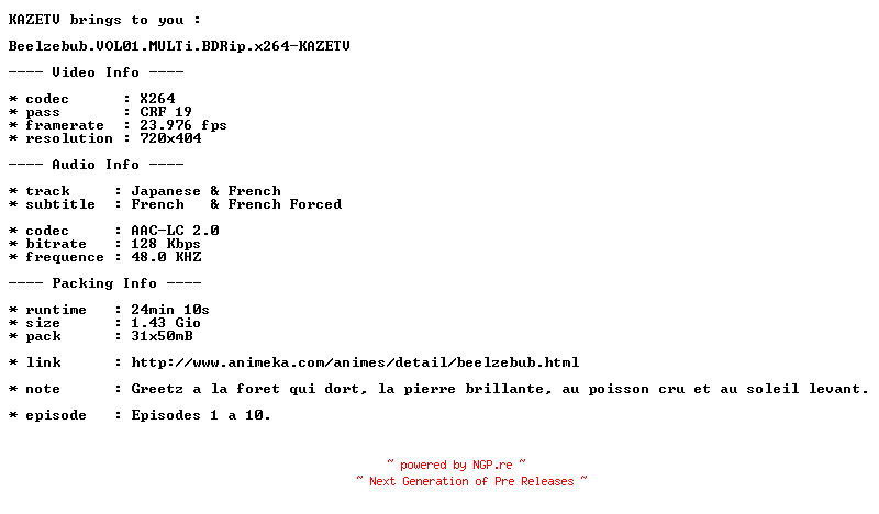 NFO for the release Beelzebub.VOL01.MULTi.BDRip.x264-KAZETV by KAZETV