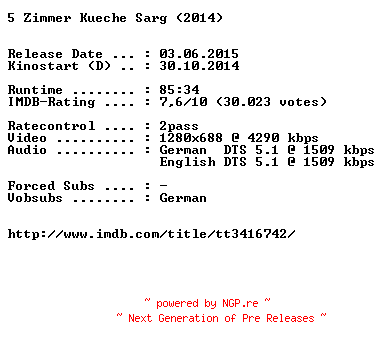 NFO for the release 5.Zimmer.Kueche.Sarg.2014.German.DL.720p.BluRay.x264-EXQUiSiTE by EXQUiSiTE