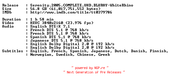 NFO for the release Serenity.2005.COMPLETE.UHD.BLURAY-WhiteRhino by WhiteRhino