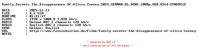 NFO for the release Family.Secrets.The.Disappearance.Of.Alissa.Turney.2024.GERMAN.DL.DOKU.1080p.WEB.H264-SYNERGiE by SYNERGiE