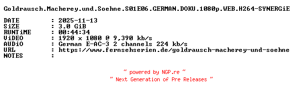 NFO for the release Goldrausch.Macherey.und.Soehne.S01E06.GERMAN.DOKU.1080p.WEB.H264-SYNERGiE by SYNERGiE