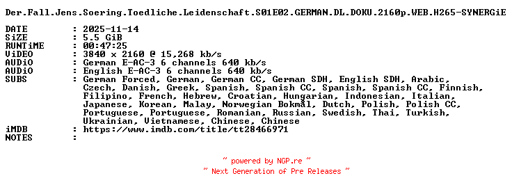 NFO for the release Der.Fall.Jens.Soering.Toedliche.Leidenschaft.S01E02.GERMAN.DL.DOKU.2160p.WEB.H265-SYNERGiE by SYNERGiE