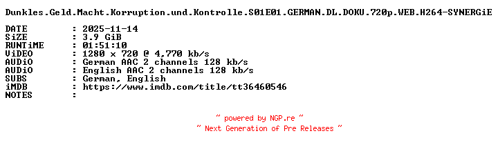 NFO for the release Dunkles.Geld.Macht.Korruption.und.Kontrolle.S01E01.GERMAN.DL.DOKU.720p.WEB.H264-SYNERGiE by SYNERGiE