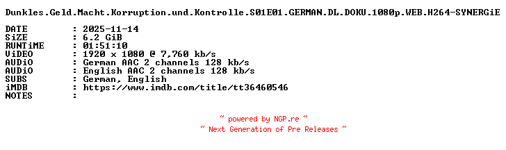NFO for the release Dunkles.Geld.Macht.Korruption.und.Kontrolle.S01E01.GERMAN.DL.DOKU.1080p.WEB.H264-SYNERGiE by SYNERGiE