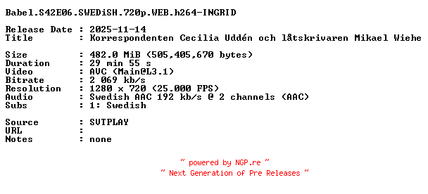 NFO for the release Babel.S42E06.SWEDiSH.720p.WEB.h264-INGRID by INGRID