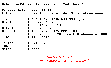 NFO for the release Babel.S42E08.SWEDiSH.720p.WEB.h264-INGRID by INGRID