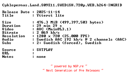 NFO for the release Cyklopernas.Land.S09E11.SWEDiSH.720p.WEB.h264-INGRID by INGRID