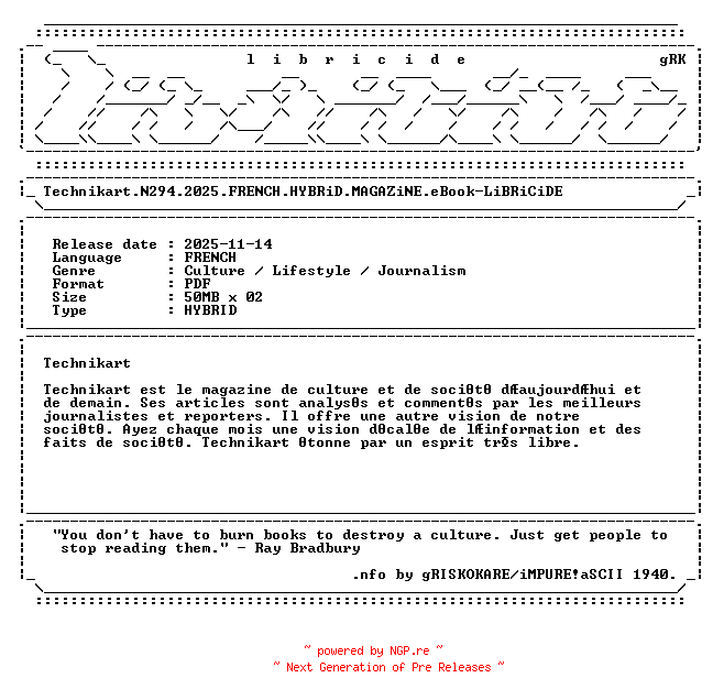 NFO for the release Technikart.N294.2025.FRENCH.HYBRiD.MAGAZiNE.eBook-LiBRiCiDE by LiBRiCiDE