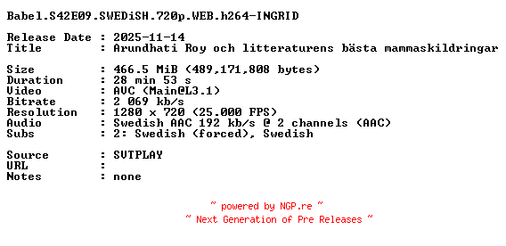 NFO for the release Babel.S42E09.SWEDiSH.720p.WEB.h264-INGRID by INGRID