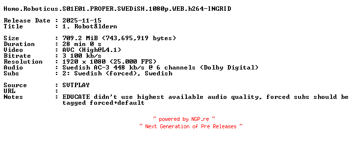 NFO for the release Homo.Roboticus.S01E01.PROPER.SWEDiSH.1080p.WEB.h264-INGRID by INGRID