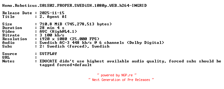 NFO for the release Homo.Roboticus.S01E02.PROPER.SWEDiSH.1080p.WEB.h264-INGRID by INGRID