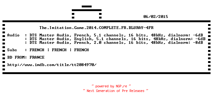 NFO for the release The.Imitation.Game.2014.COMPLETE.FR.BLURAY-4FR by 4FR