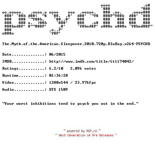 NFO for the release The.Myth.of.the.American.Sleepover.2010.720p.BluRay.x264-PSYCHD by PSYCHD