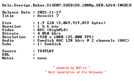 NFO for the release Hela.Sverige.Bakar.S14E07.SWEDiSH.1080p.WEB.h264-INGRID by INGRID