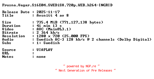 NFO for the release Frusna.Vagar.S16E04.SWEDiSH.720p.WEB.h264-INGRID by INGRID