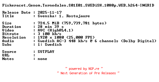 NFO for the release Fiskeracet.Genom.Tornedalen.S01E01.SWEDiSH.1080p.WEB.h264-INGRID by INGRID