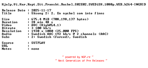 NFO for the release Hjalp.Vi.Har.Kopt.Ett.Franskt.Ruckel.S02E02.SWEDiSH.1080p.WEB.h264-INGRID by INGRID