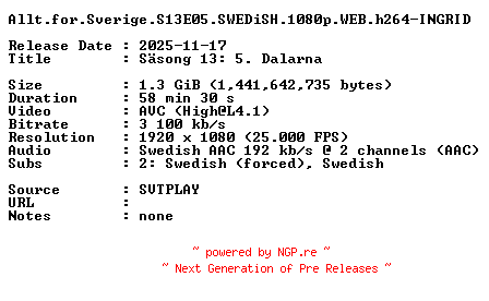 NFO for the release Allt.for.Sverige.S13E05.SWEDiSH.1080p.WEB.h264-INGRID by INGRID