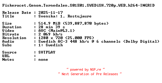 NFO for the release Fiskeracet.Genom.Tornedalen.S01E01.SWEDiSH.720p.WEB.h264-INGRID by INGRID
