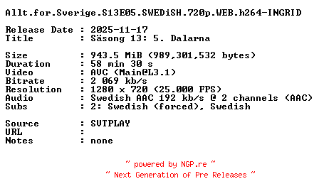 NFO for the release Allt.for.Sverige.S13E05.SWEDiSH.720p.WEB.h264-INGRID by INGRID