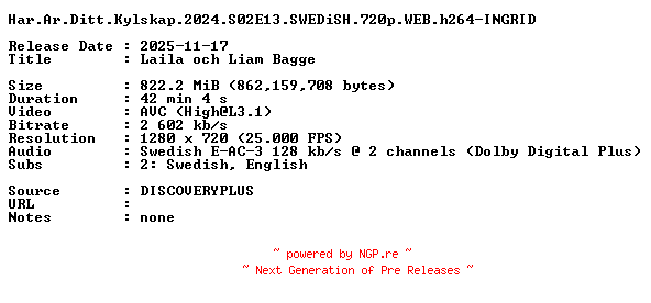 NFO for the release Har.Ar.Ditt.Kylskap.2024.S02E13.SWEDiSH.720p.WEB.h264-INGRID by INGRID
