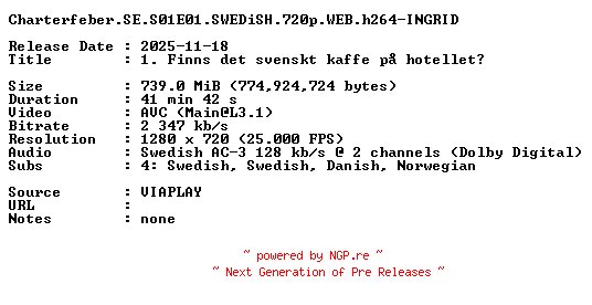 NFO for the release Charterfeber.SE.S01E01.SWEDiSH.720p.WEB.h264-INGRID by INGRID