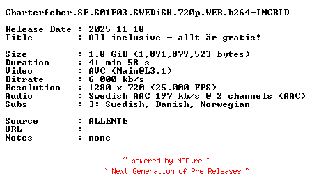 NFO for the release Charterfeber.SE.S01E03.SWEDiSH.720p.WEB.h264-INGRID by INGRID