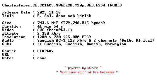 NFO for the release Charterfeber.SE.S01E05.SWEDiSH.720p.WEB.h264-INGRID by INGRID