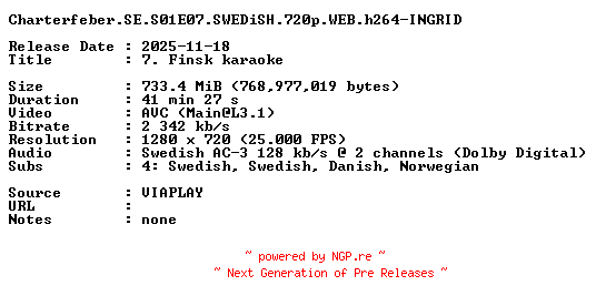 NFO for the release Charterfeber.SE.S01E07.SWEDiSH.720p.WEB.h264-INGRID by INGRID