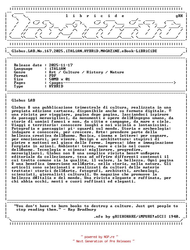 NFO for the release Globus.LAB.No.167.2025.iTALiAN.HYBRiD.MAGAZiNE.eBook-LiBRiCiDE by LiBRiCiDE