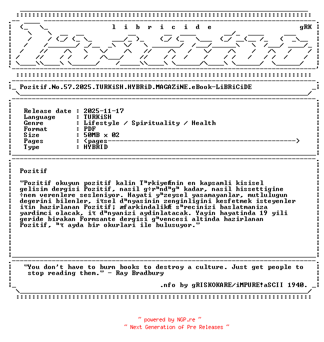 NFO for the release Pozitif.No.57.2025.TURKiSH.HYBRiD.MAGAZiNE.eBook-LiBRiCiDE by LiBRiCiDE