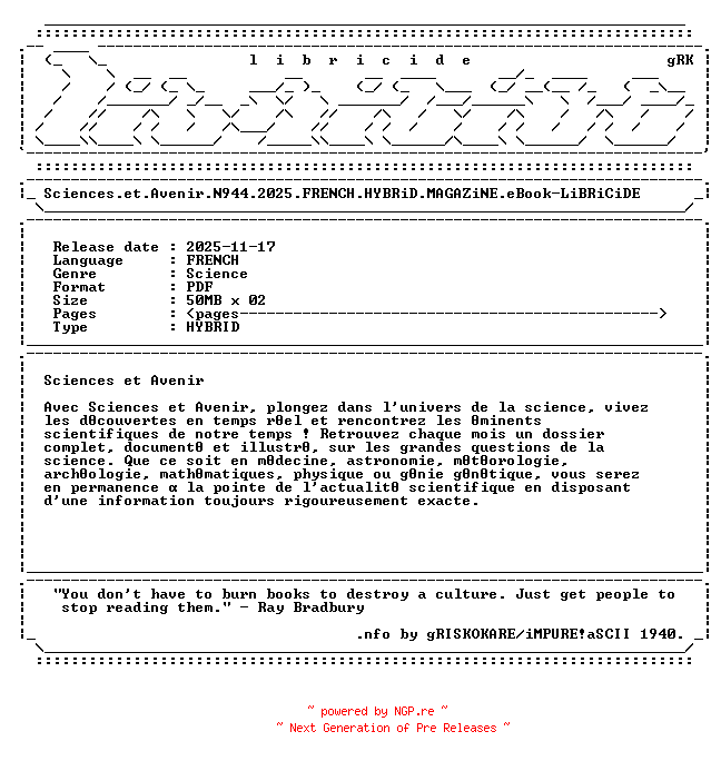 NFO for the release Sciences.et.Avenir.N944.2025.FRENCH.HYBRiD.MAGAZiNE.eBook-LiBRiCiDE by LiBRiCiDE