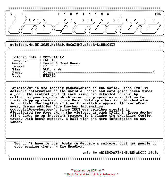 NFO for the release spielbox.No.05.2025.HYBRiD.MAGAZiNE.eBook-LiBRiCiDE by LiBRiCiDE