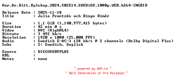 NFO for the release Har.Ar.Ditt.Kylskap.2024.S02E14.SWEDiSH.1080p.WEB.h264-INGRID by INGRID
