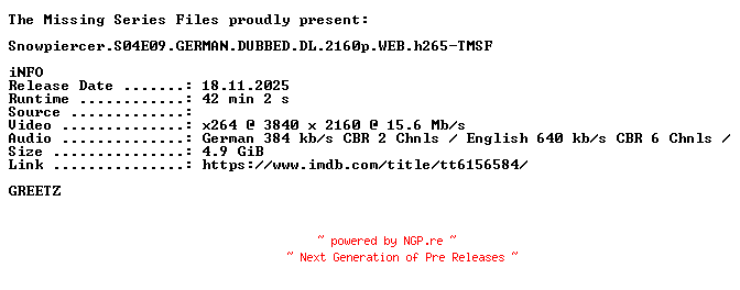 NFO for the release Snowpiercer.S04E09.GERMAN.DUBBED.DL.2160p.WEB.h265-TMSF by TMSF