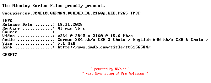 NFO for the release Snowpiercer.S04E10.GERMAN.DUBBED.DL.2160p.WEB.h265-TMSF by TMSF