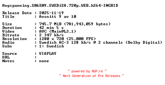 NFO for the release Hogspanning.S06E09.SWEDiSH.720p.WEB.h264-INGRID by INGRID
