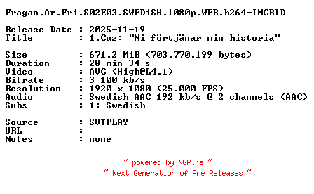 NFO for the release Fragan.Ar.Fri.S02E03.SWEDiSH.1080p.WEB.h264-INGRID by INGRID