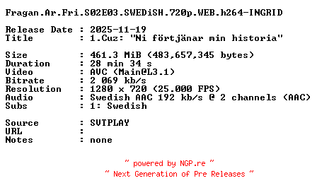 NFO for the release Fragan.Ar.Fri.S02E03.SWEDiSH.720p.WEB.h264-INGRID by INGRID