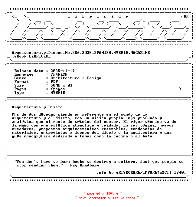 NFO for the release Arquitectura.y.Diseno.No.286.2025.SPANiSH.HYBRiD.MAGAZiNE.eBook-LiBRiCiDE by LiBRiCiDE